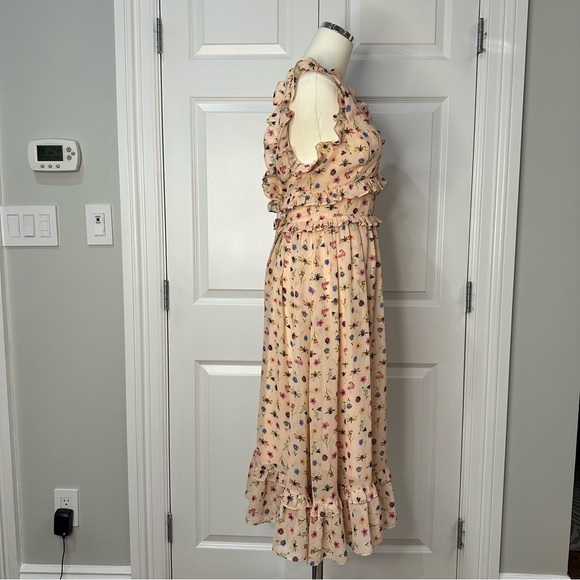 Betsey Johnson Peach Bug Floral Ruffle Tiered V-Neck Whimsical Midi Dress Size 8 - Picture 11 of 16